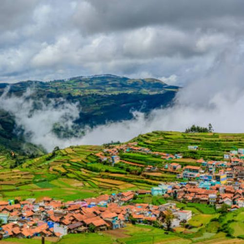 Small village amidst terrace farms on hills of Kodaikanal, Tamil Nadu