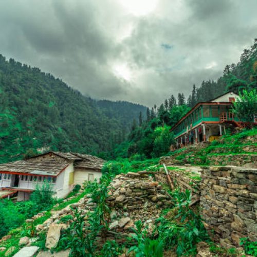 Village of wodden house in himalayas, Himachal Pradesh, India