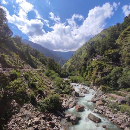 Beautiful natural scenery of Himalayan glacier river valley during monsoon passing through lush green forest of Himalayan mountains